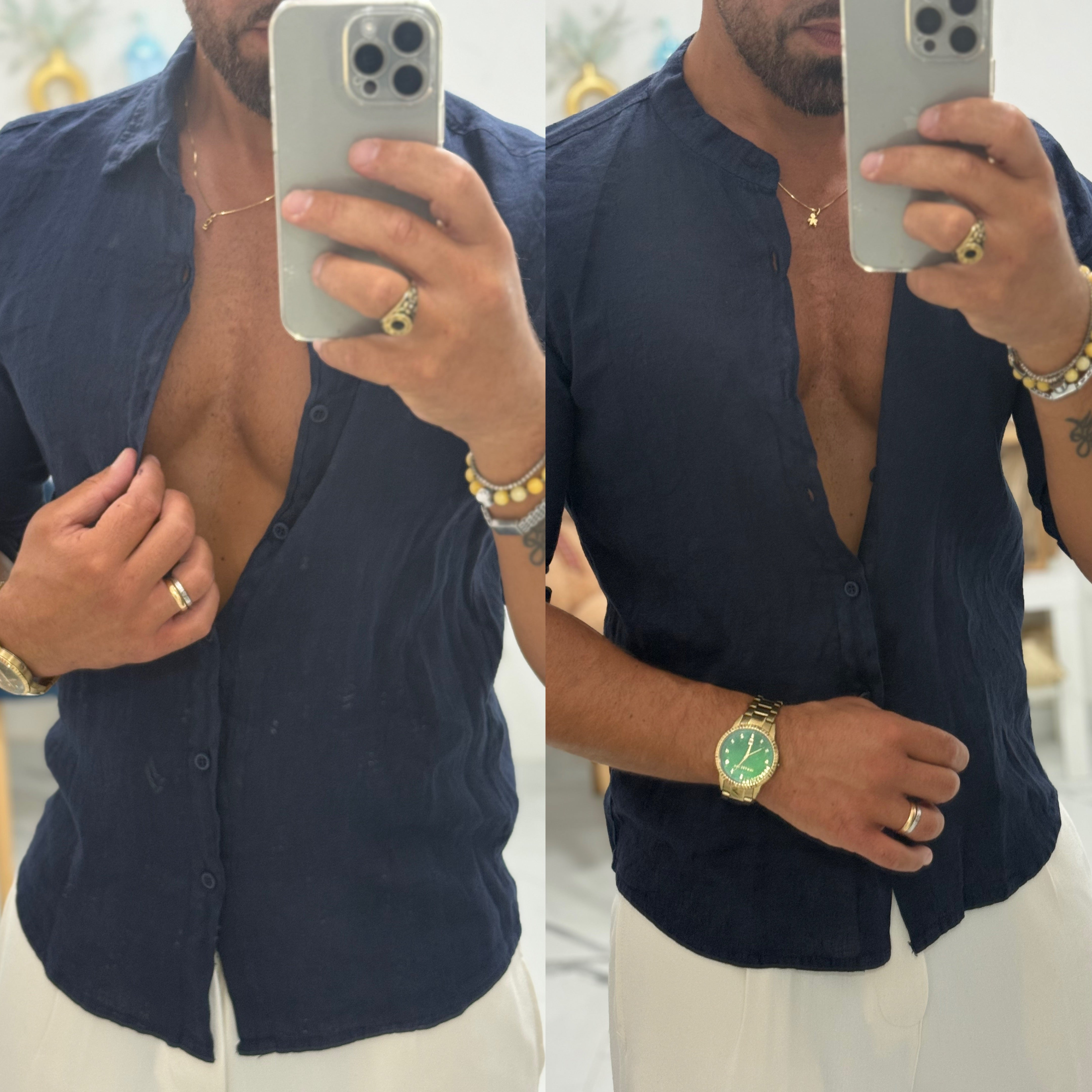 Camicia collo francese o coreana blu in lino 100%