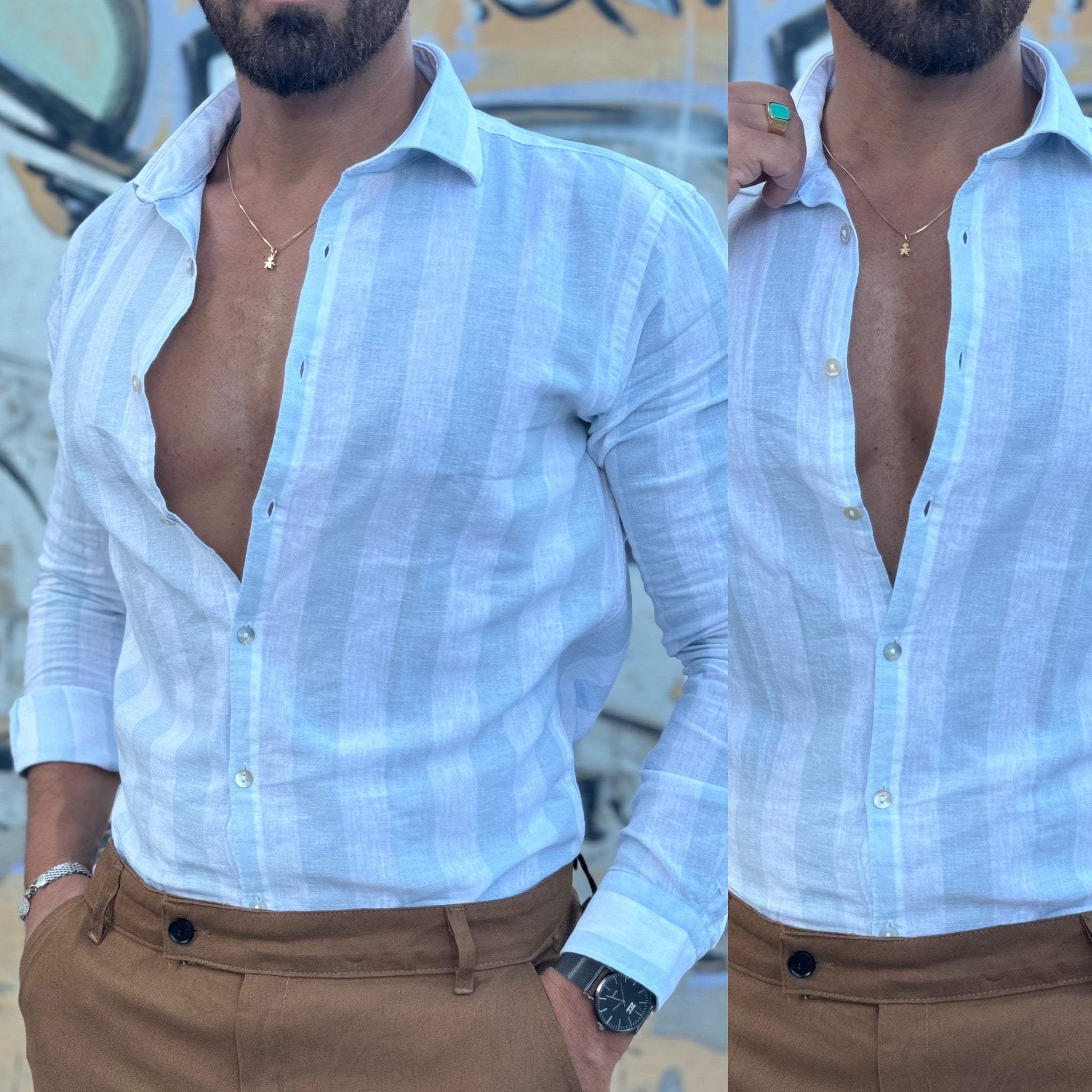Camicia collo francese in lino riga Larga