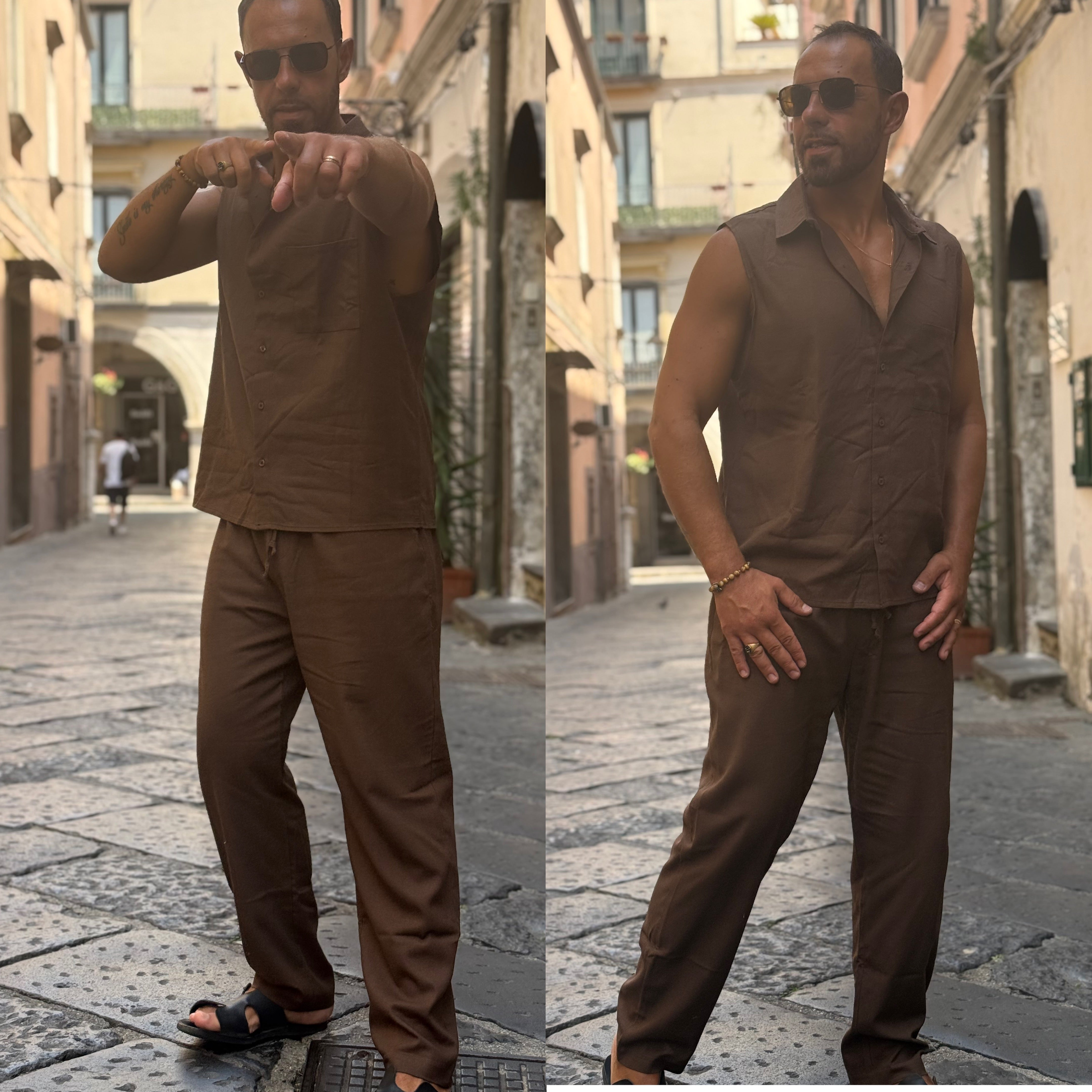 Coordinato camicia smanicate e pantalone in lino Ddsmile