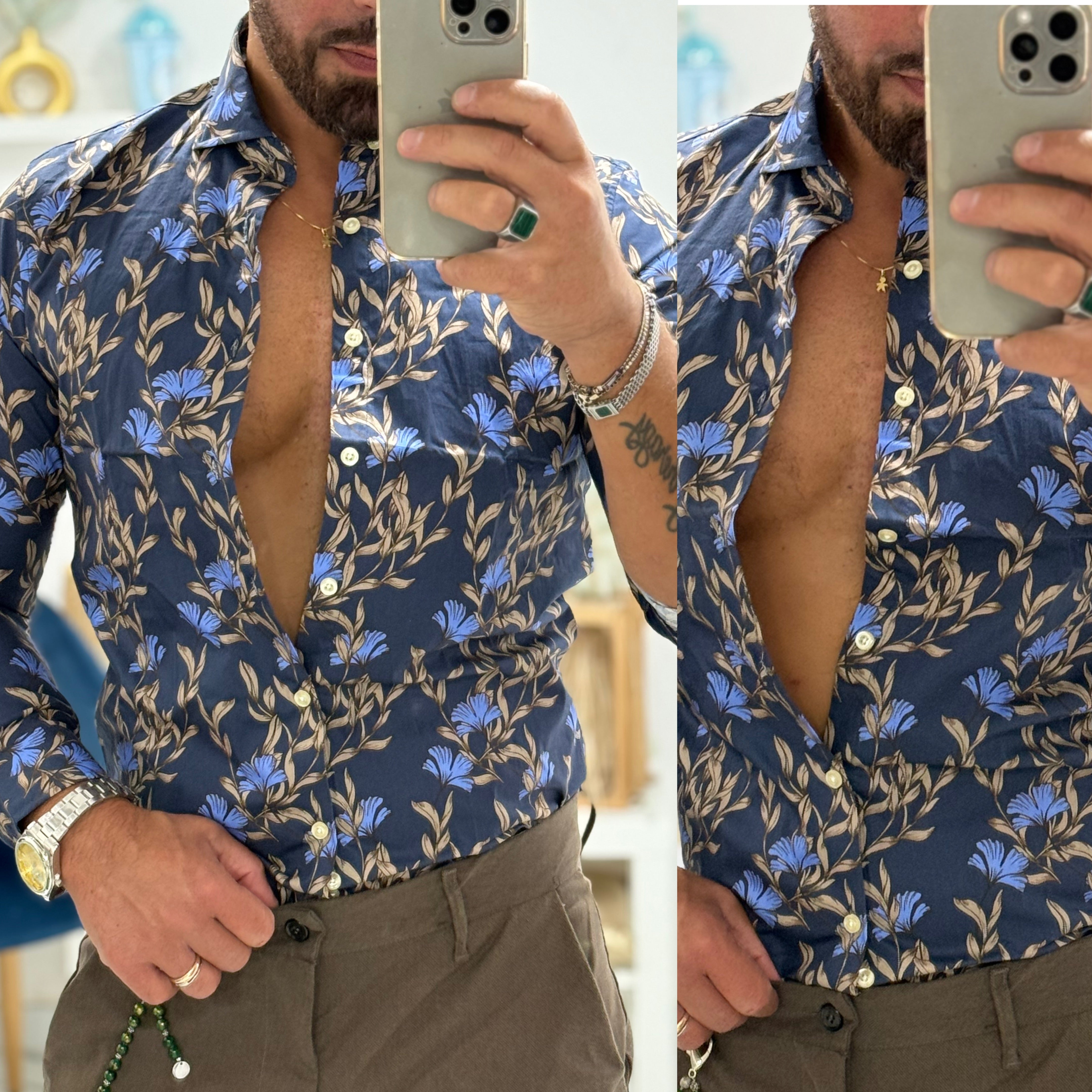 Camicia floreal collo francese slim