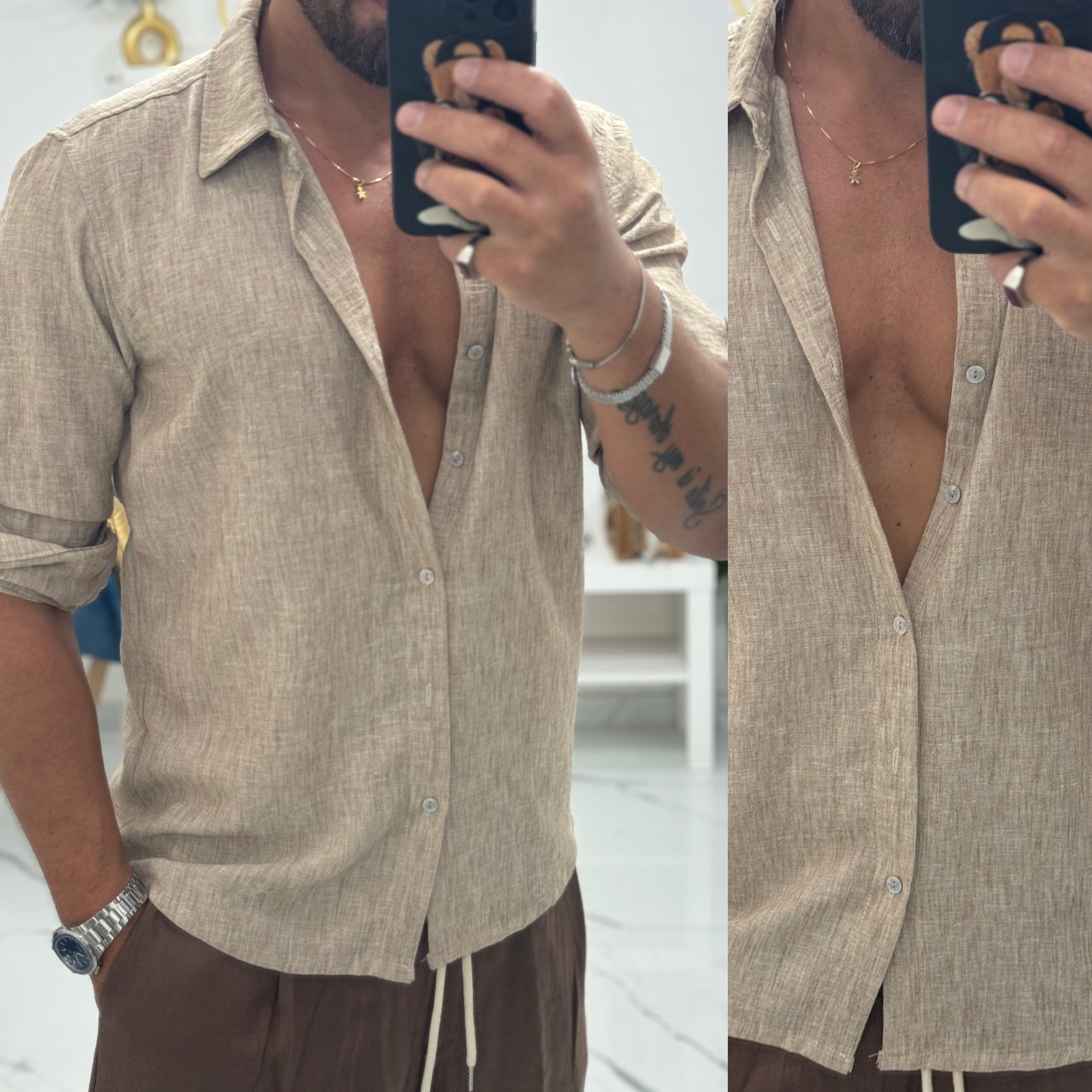Combo bermuda e camicia coreana in lino Santorini