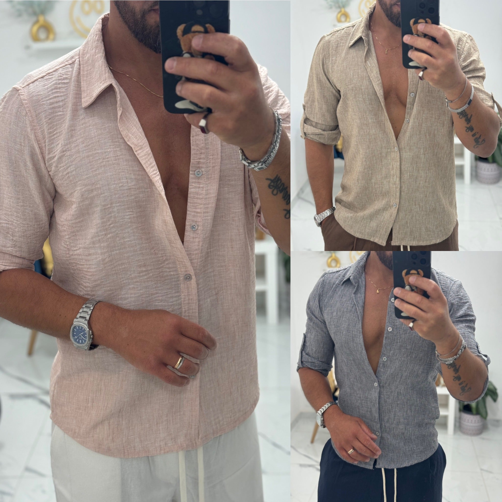 Combo bermuda e camicia coreana in lino Santorini