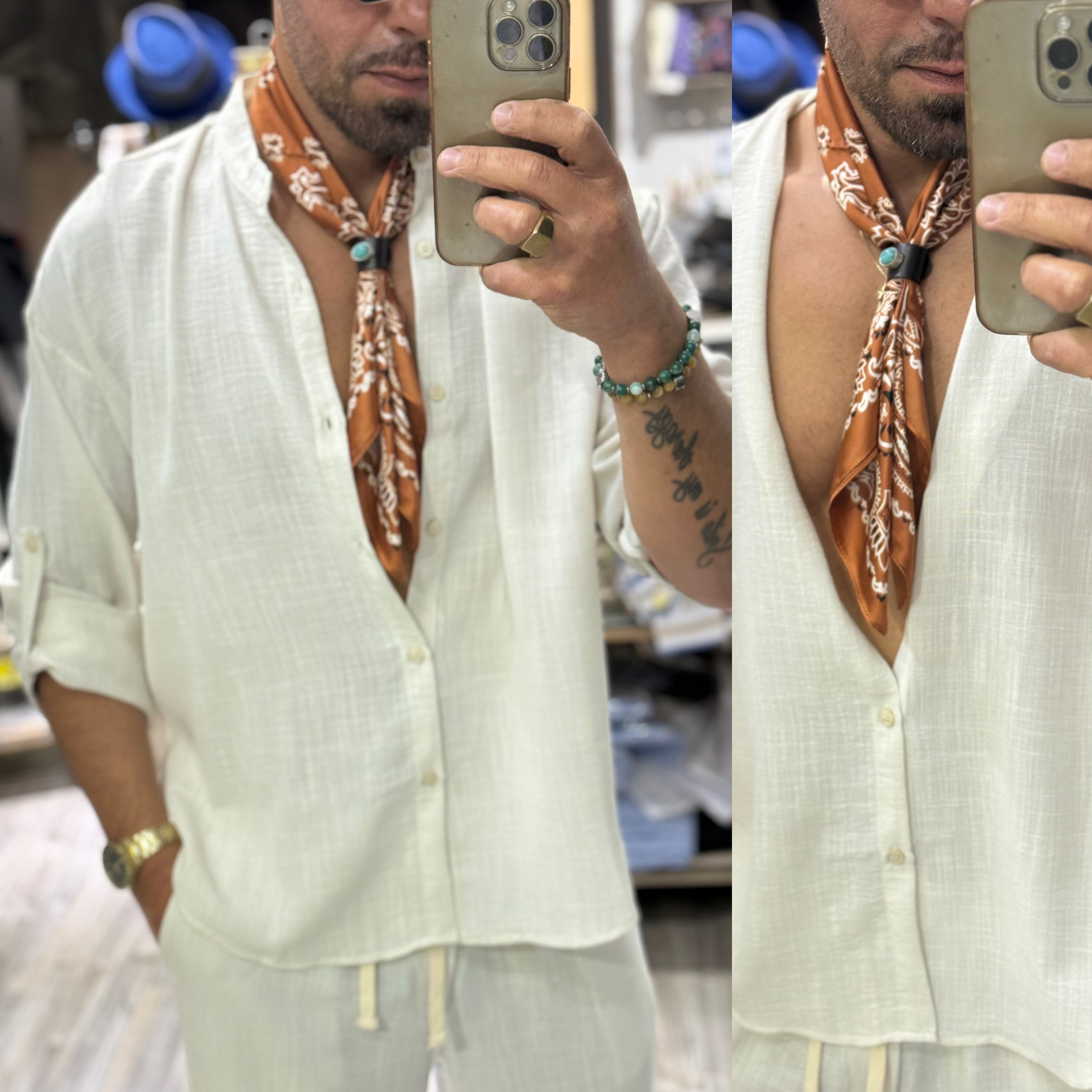 Coordinato Santorini camicia coreana e pantalone in lino