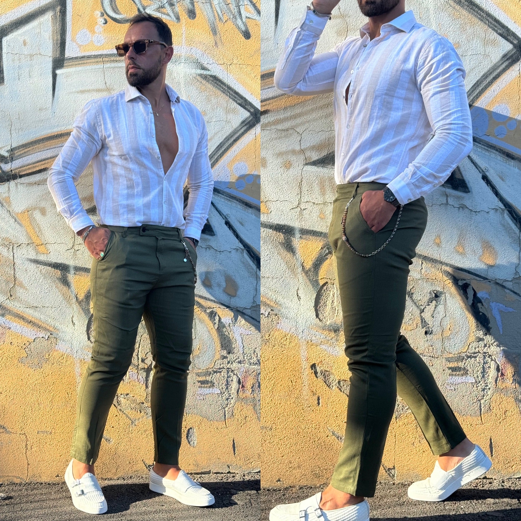 Camicia collo francese in lino riga Larga