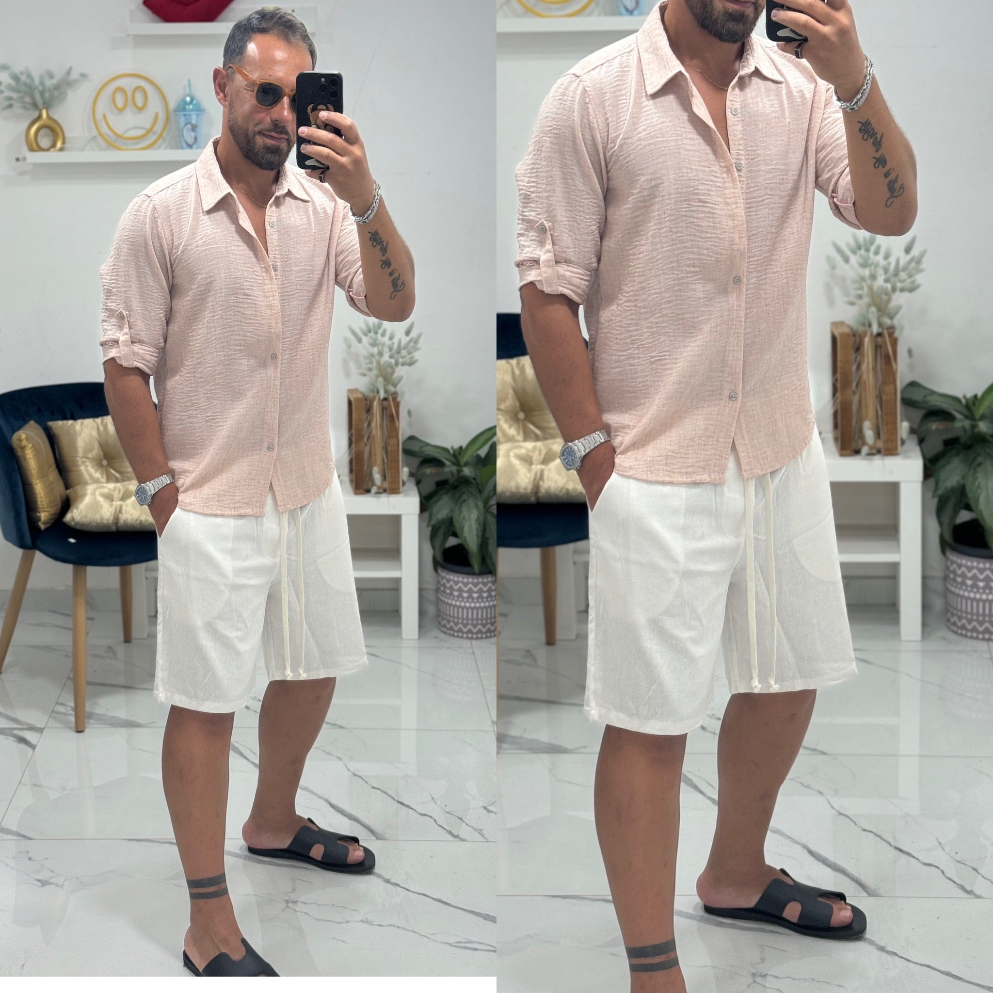 Combo bermuda e camicia coreana in lino Santorini