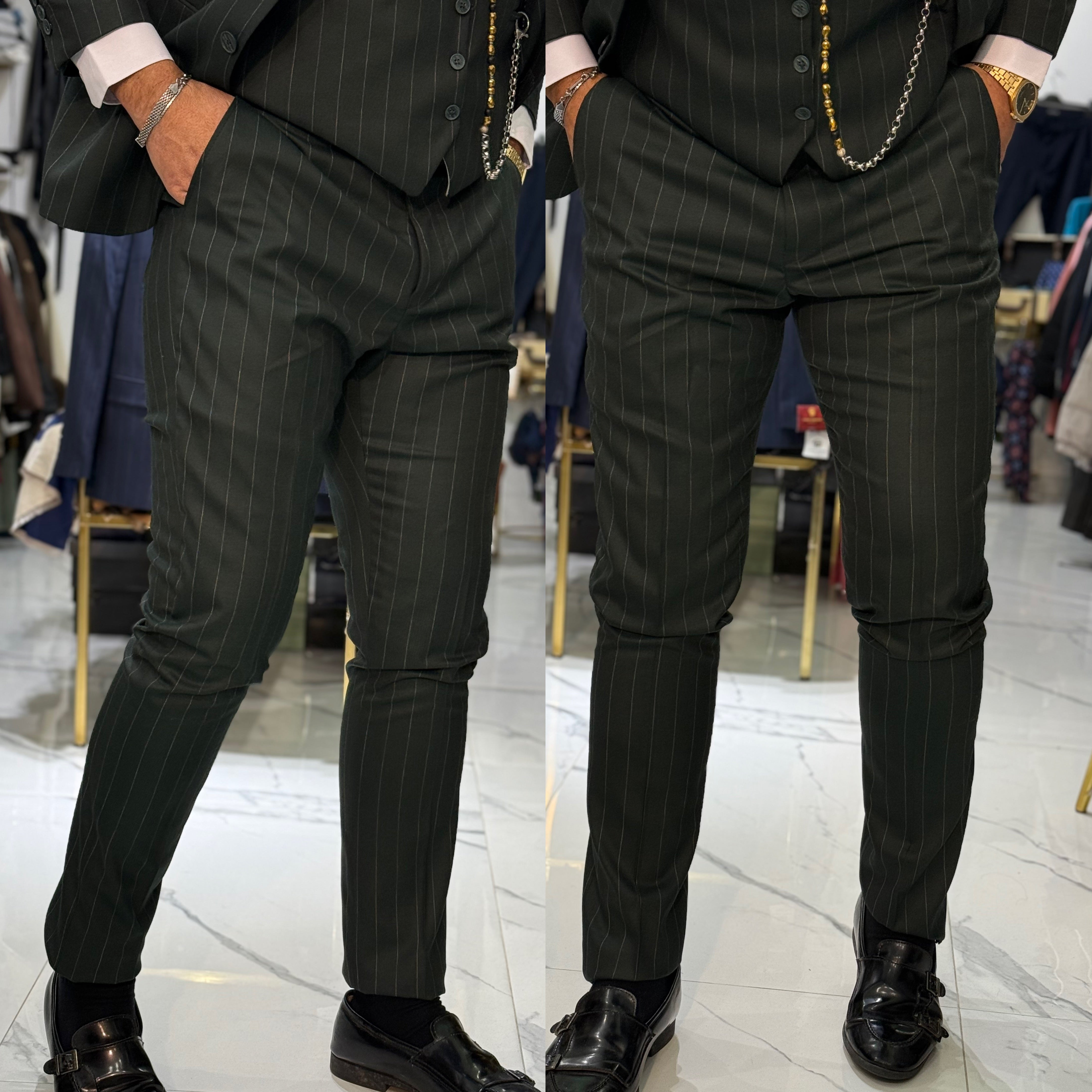 Abito gessato sartoriale giacca pantalone gilet marracash