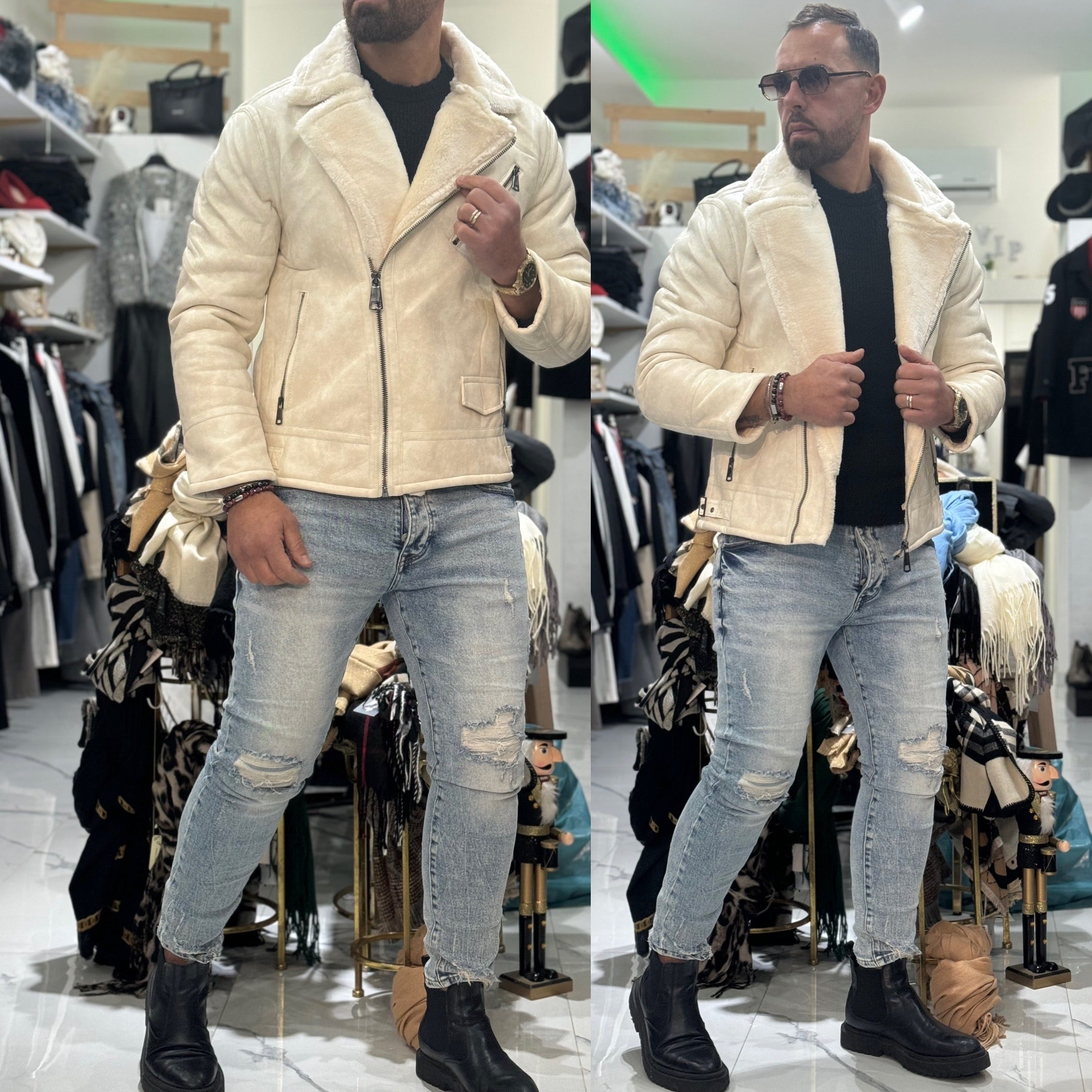 Chiodo in pelle bianco montone con pelliccia ICE