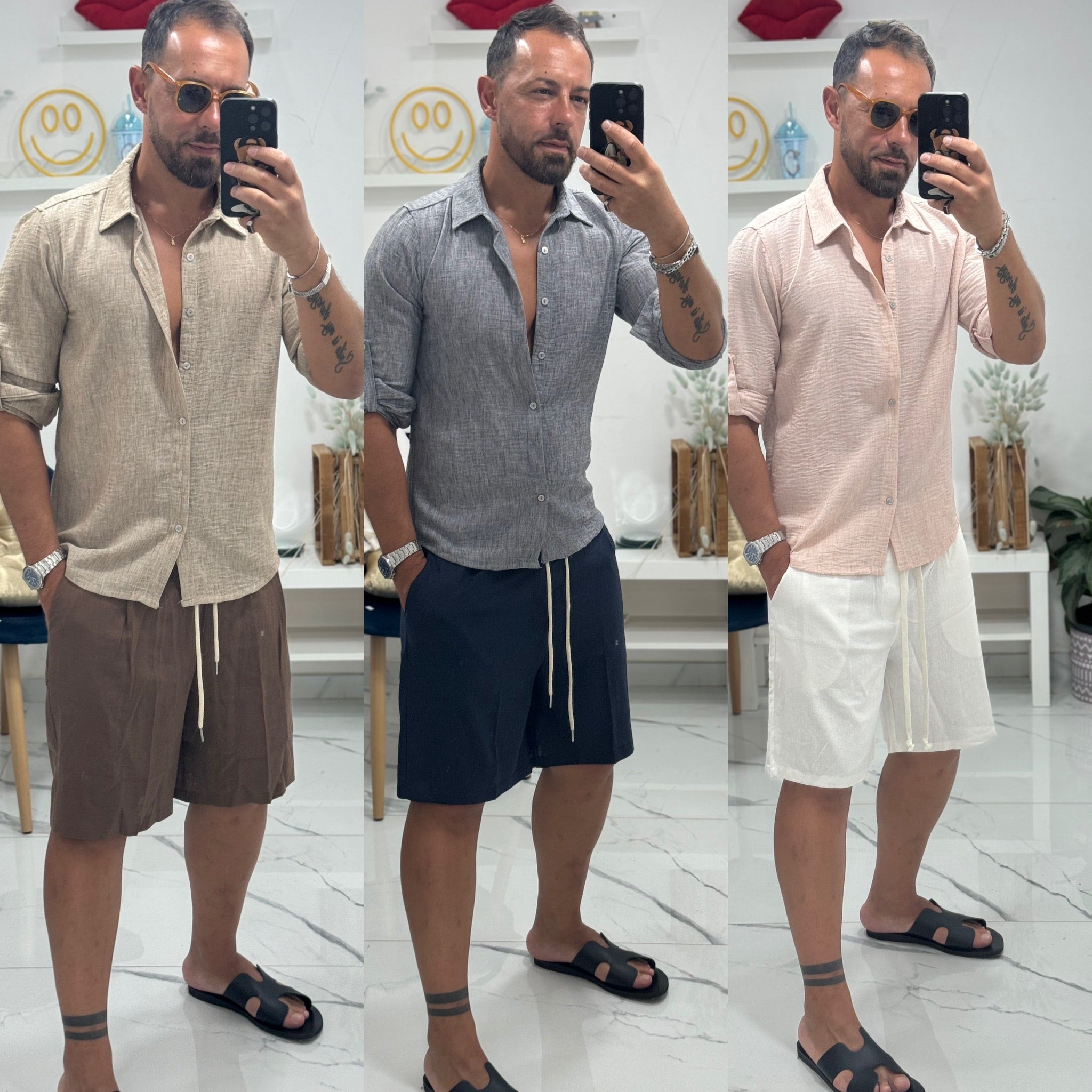 Combo bermuda e camicia coreana in lino Santorini