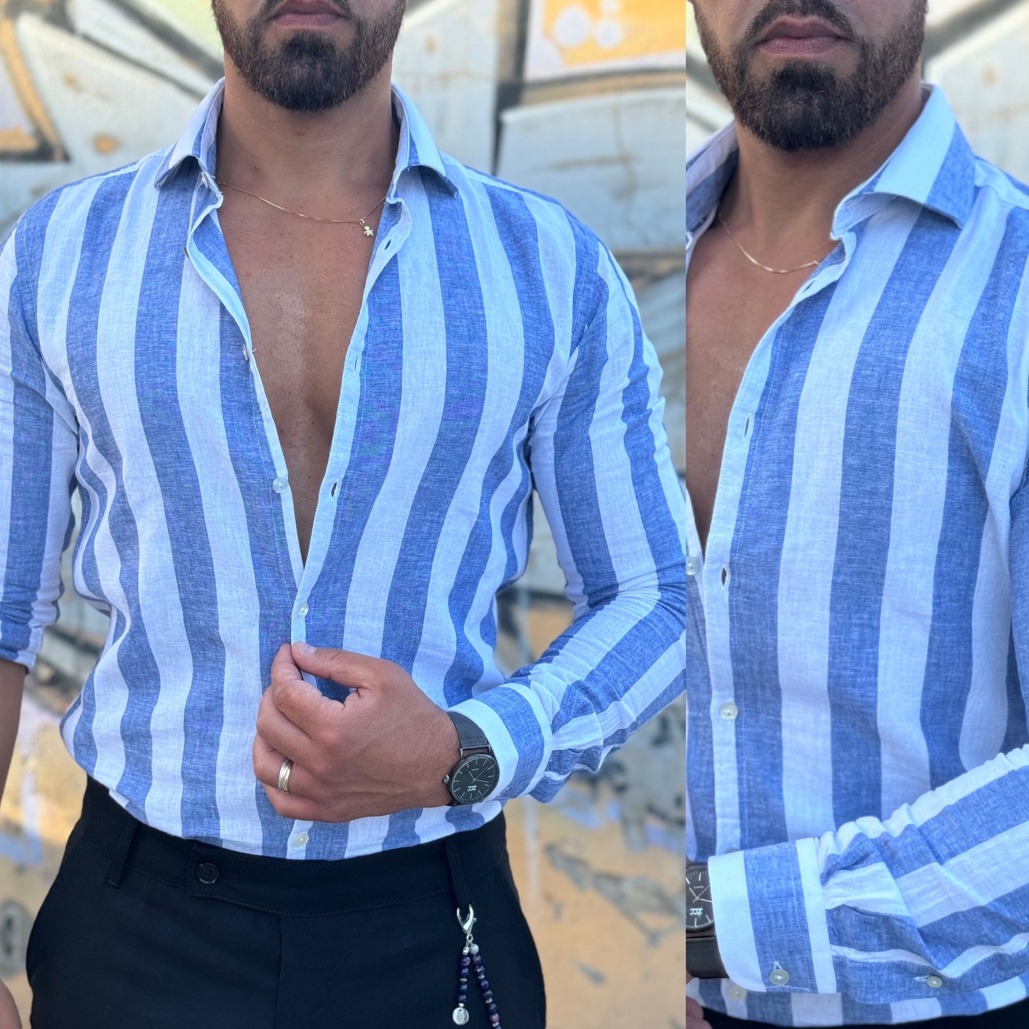 Camicia collo francese in lino riga Larga