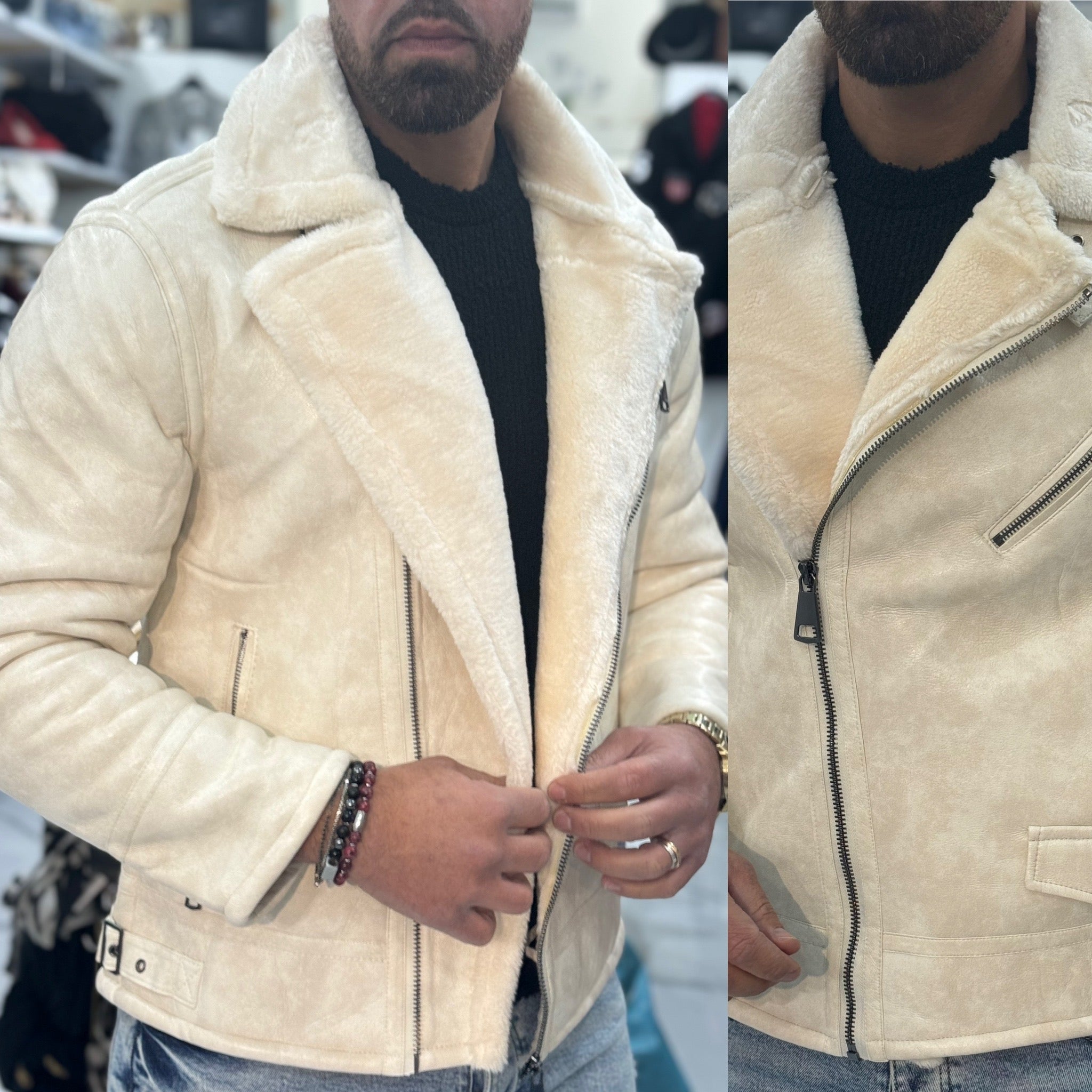 Chiodo in pelle bianco montone con pelliccia ICE