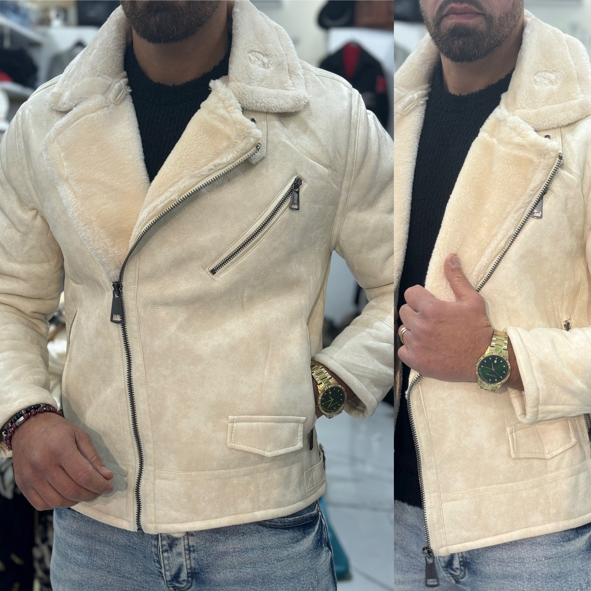 Chiodo in pelle bianco montone con pelliccia ICE