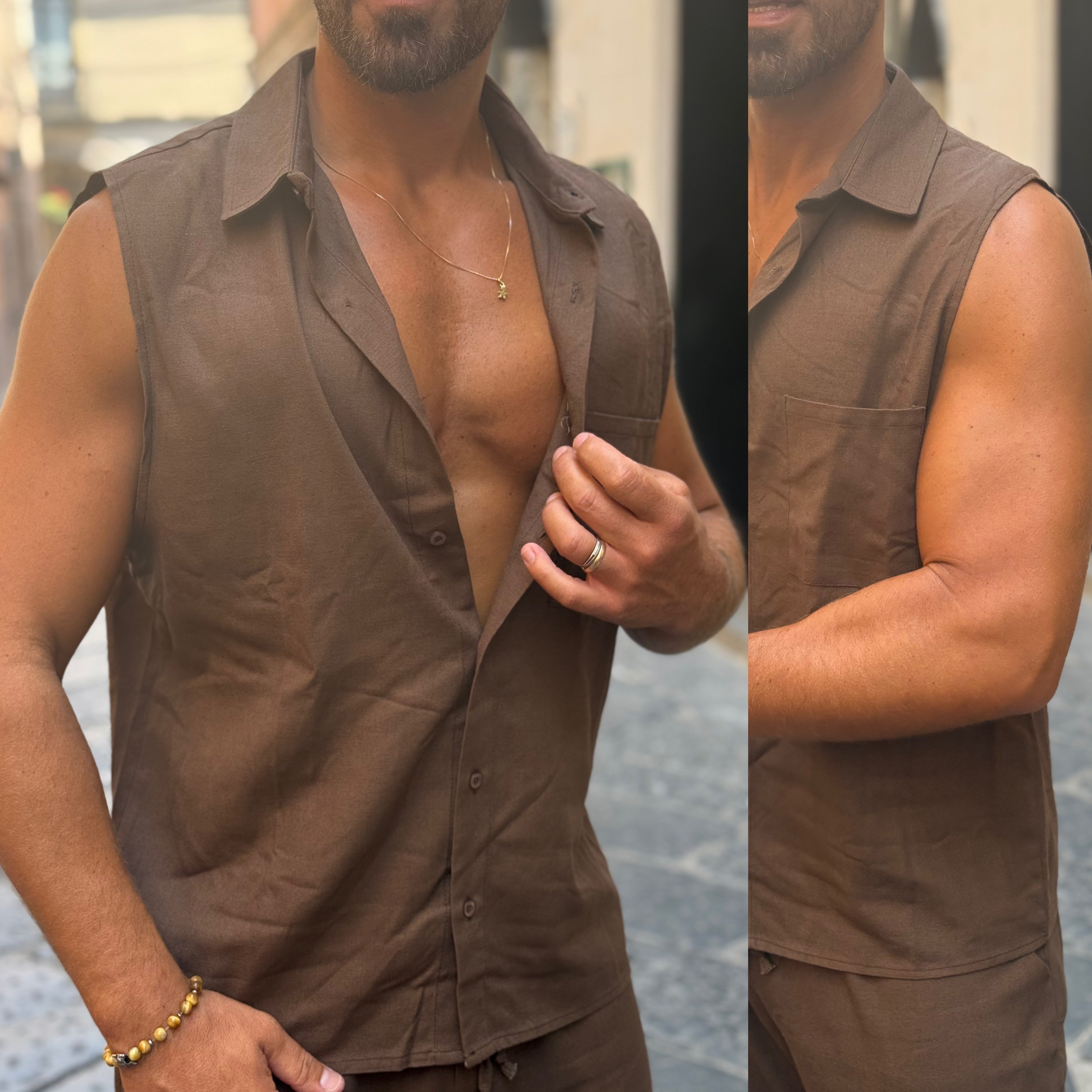 Coordinato camicia smanicate e pantalone in lino Ddsmile