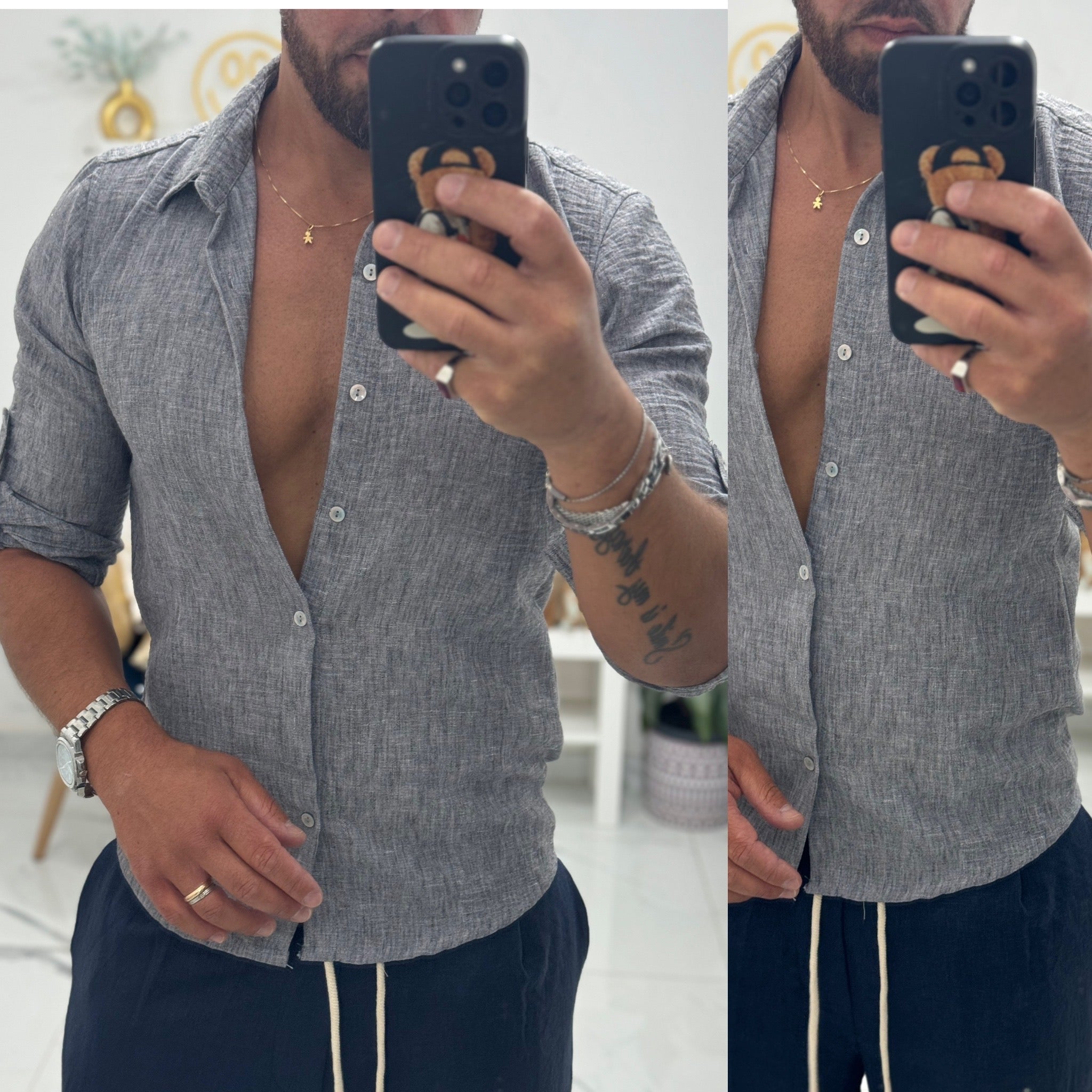 Combo bermuda e camicia coreana in lino Santorini