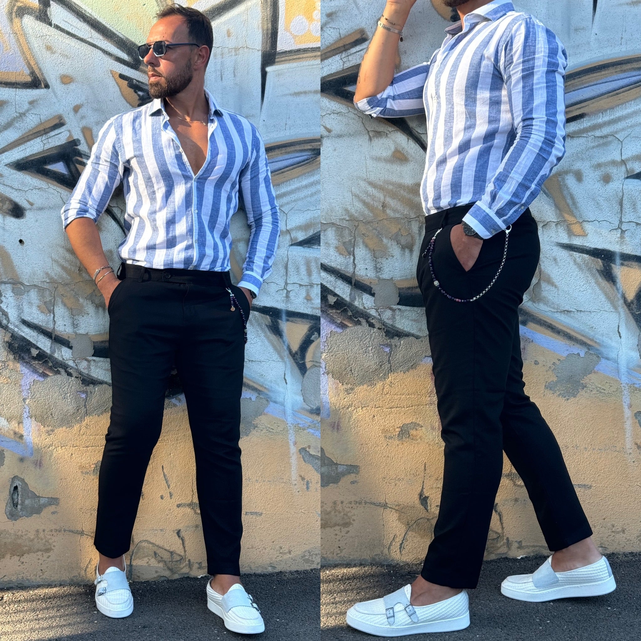Camicia collo francese in lino riga Larga