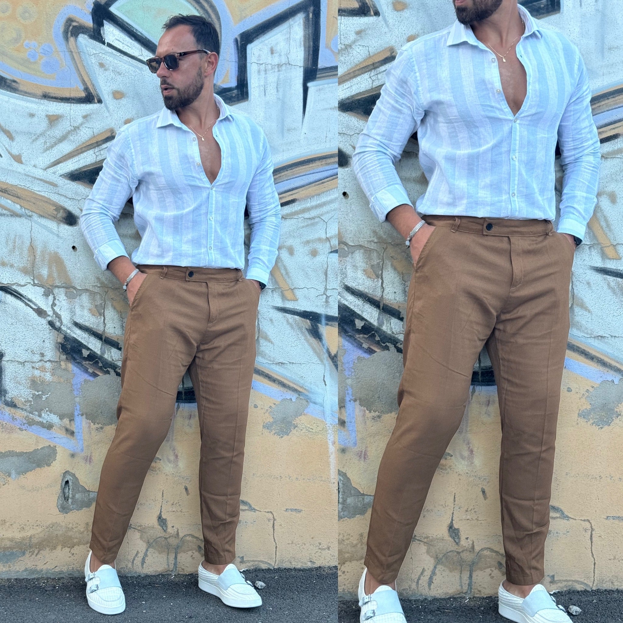 Camicia collo francese in lino riga Larga